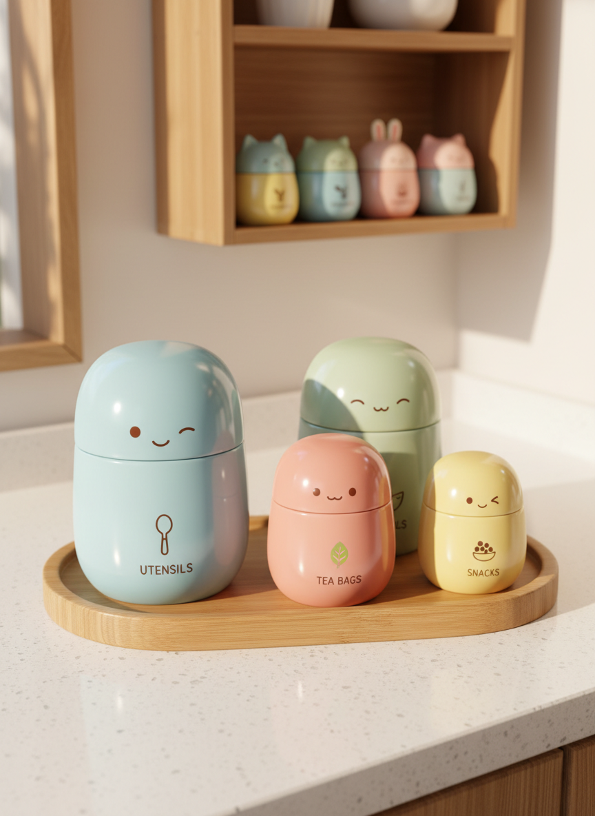 A kitchen countertop vignette showing kawaii-style countertop organizers: a family of plump, capsule-shaped canisters in glossy pastel ceramics, each with a different animated face indicating its contents—tiny spoon icon for utensils, leaf icon for tea bags, grain icon for snacks. They sit on a rounded-edge bamboo tray with shallow sides, placed on a white quartz counter speckled with subtle sparkle. Behind them, open wall shelves hold matching spice jars with tiny animal-ear lids. Late-morning natural light filters in from a side window, creating soft highlights on the curved canisters and a gentle glow on the wooden tray. Shot from a slightly elevated angle, focusing tightly on the tray while leaving the kitchen backdrop gently blurred. The mood is fresh, energetic, and irresistibly cute, emphasizing how decorative storage keeps busy counters tidy, in crisp photographic realism.