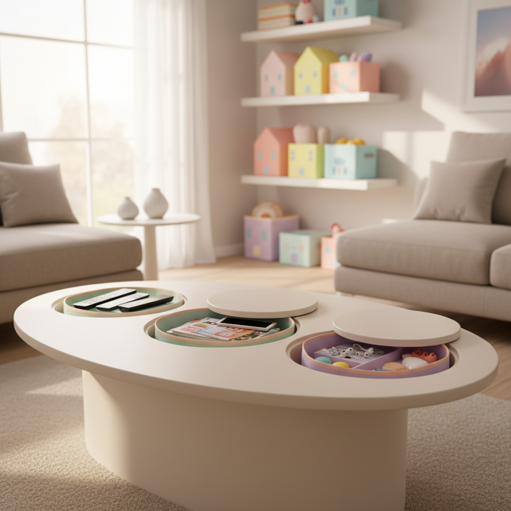 An open-plan living room scene featuring a low, rounded coffee table with built-in hidden compartments, each lined with pastel-colored organizers neatly holding remote controls, magazines, and small accessories. The table’s smooth matte surface is a warm cream, with edges softly curved to feel friendly and approachable. Surrounding it, minimalist shelves hold coordinated kawaii storage baskets shaped like tiny houses, all in bright, candy-inspired hues. Soft afternoon light enters from the side, creating a cozy, diffused glow and subtle reflections on glossy accents. The composition uses the rule of thirds, centering the coffee table while letting the background fall into a mild bokeh. The atmosphere is playful yet practical, emphasizing how adorable organization can transform an everyday family space, rendered in clean, modern photographic style.