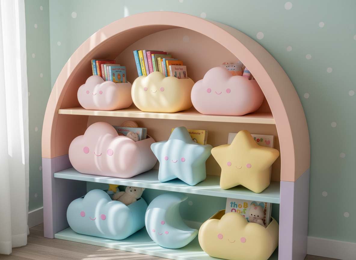 A sunny kids’ room with a whimsical, pastel rainbow bookshelf filled with kawaii storage bins shaped like plump clouds, stars, and moons. The bins are made of soft-touch silicone with slightly glossy, rounded surfaces in bubblegum pink, sky blue, and lemon yellow, each with tiny printed cheeks and gentle smiles. The bookshelf stands against a pale mint wall adorned with simple dot patterns. Toys and picture books peek neatly from the bins, showing tidiness without clutter. Bright daylight streams diagonally across the room, creating lively highlights and soft shadows that emphasize the rounded forms. Captured from a slightly elevated angle to show the entire storage system in one frame, with sharp focus throughout. The mood is energetic, joyful, and inviting, conveying how cute storage encourages tidiness, in a colorful photographic realism aesthetic.